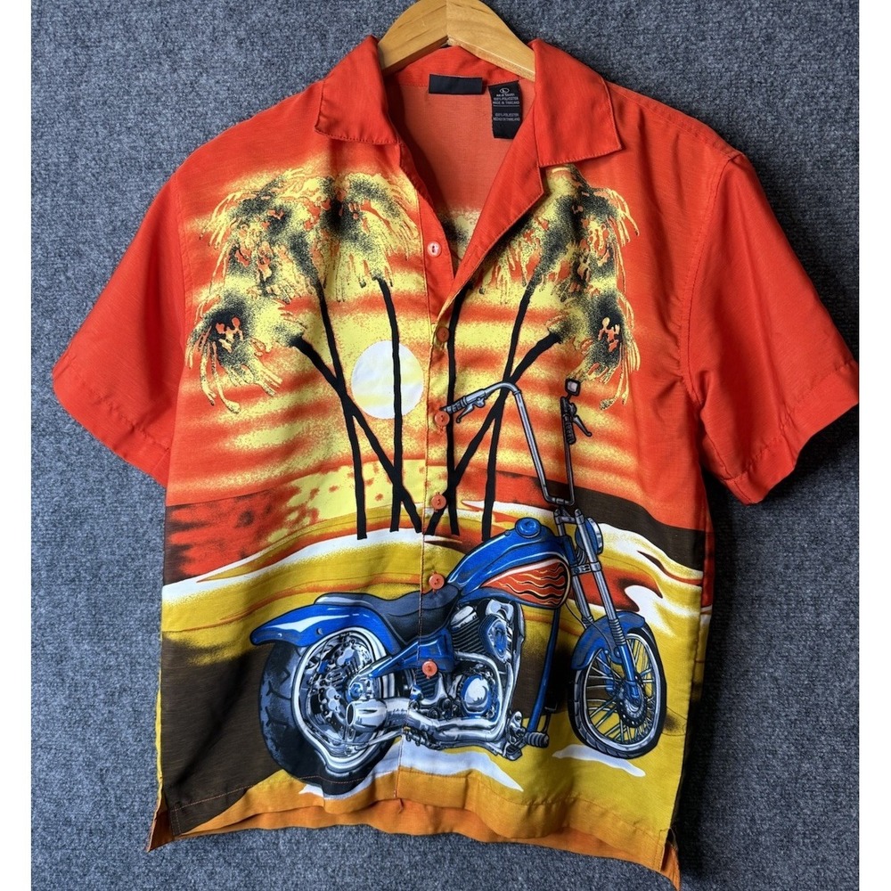 J.E.T. STRTWR Button Down Shirt Orange Motorcycle On Beach Large VTG Y2K  90s